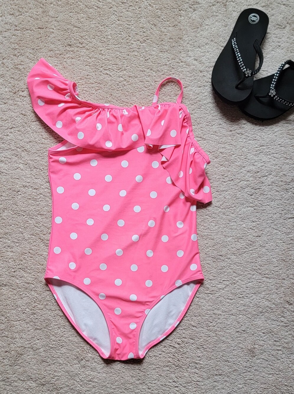 Pink Polka Dot One-Shoulder Swimsuit